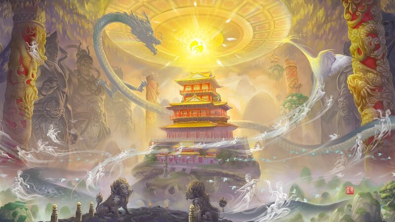 Ancient Pagoda in Clouds — Gold, Serene
