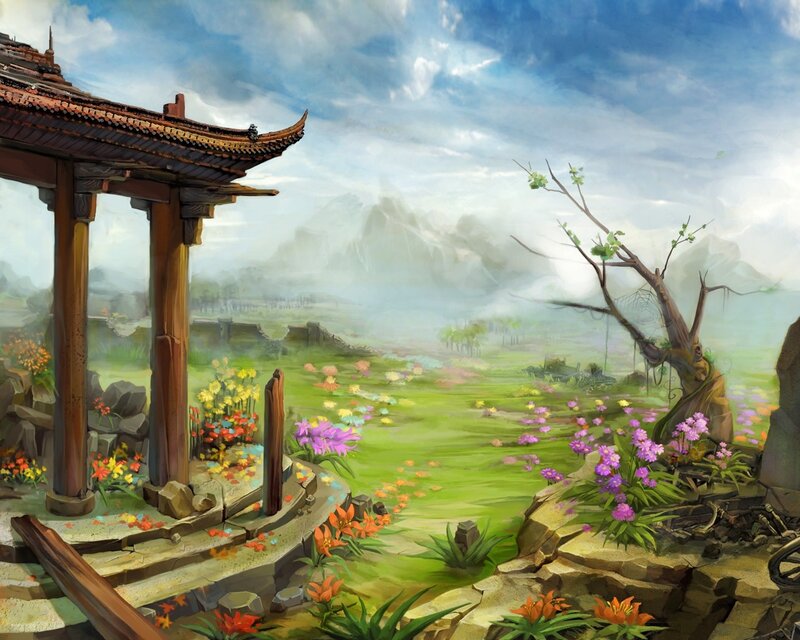 Ancient pavilion in a misty garden