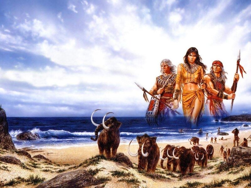 Ancient people on a beach with mammoths