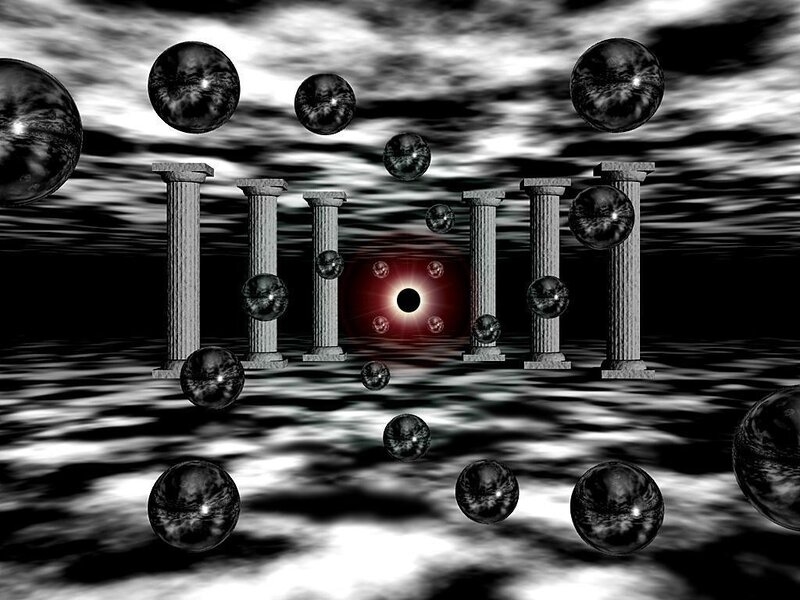 ancient pillars and floating spheres