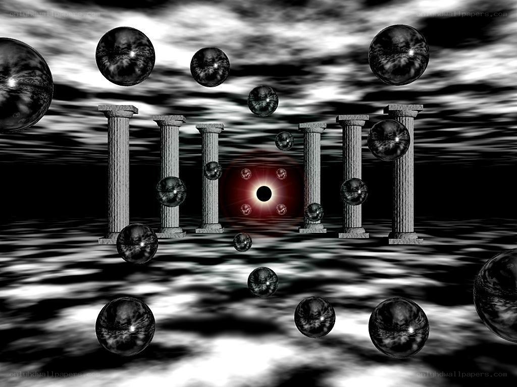 ancient pillars and floating spheres