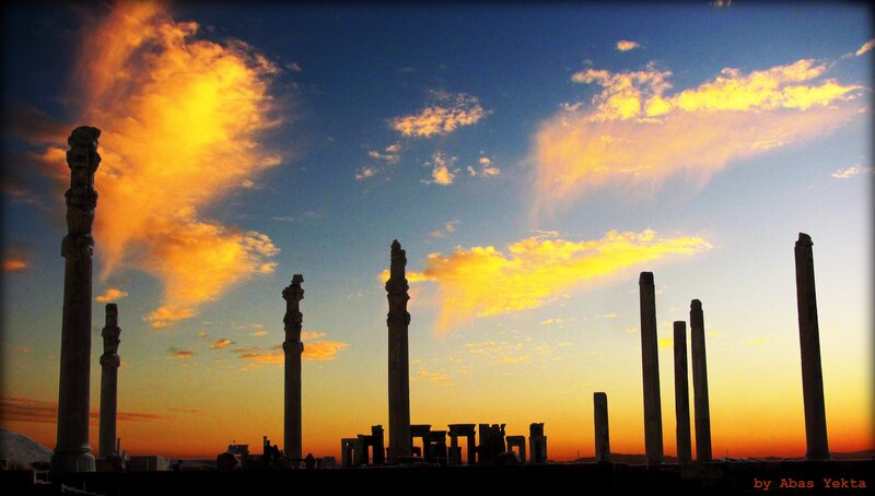 ancient pillars at sunset