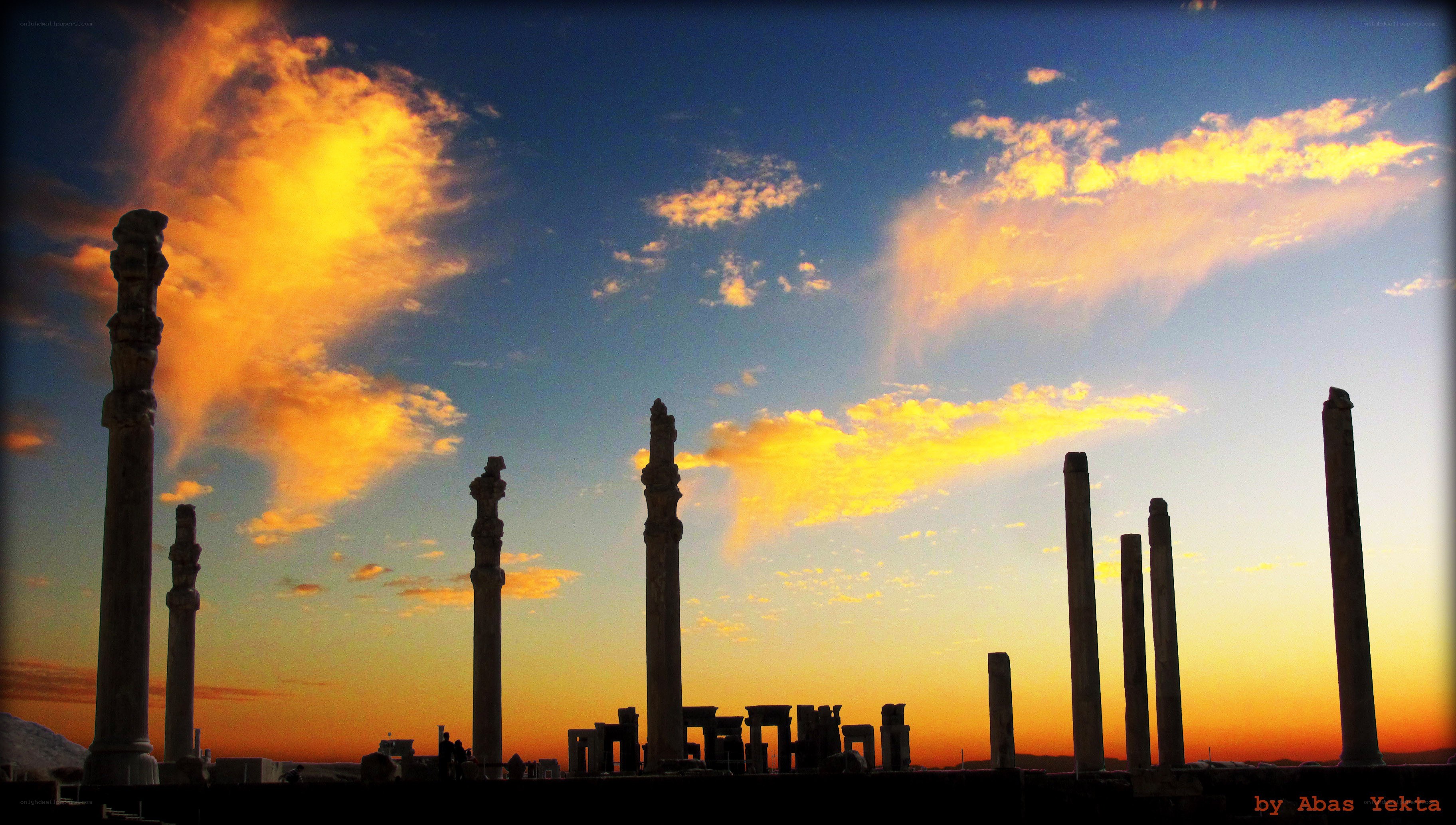 ancient pillars at sunset