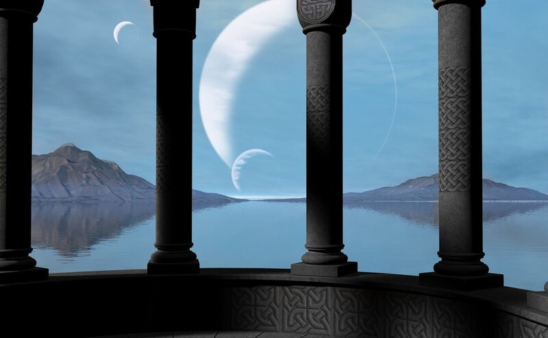 Ancient Pillars Overlooking Lake