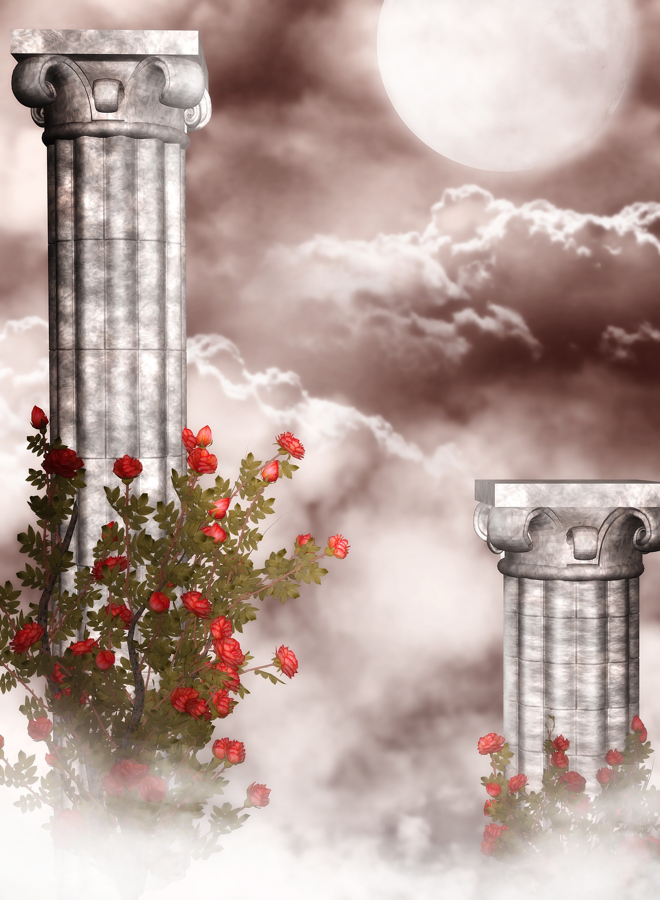 Ancient pillars with roses