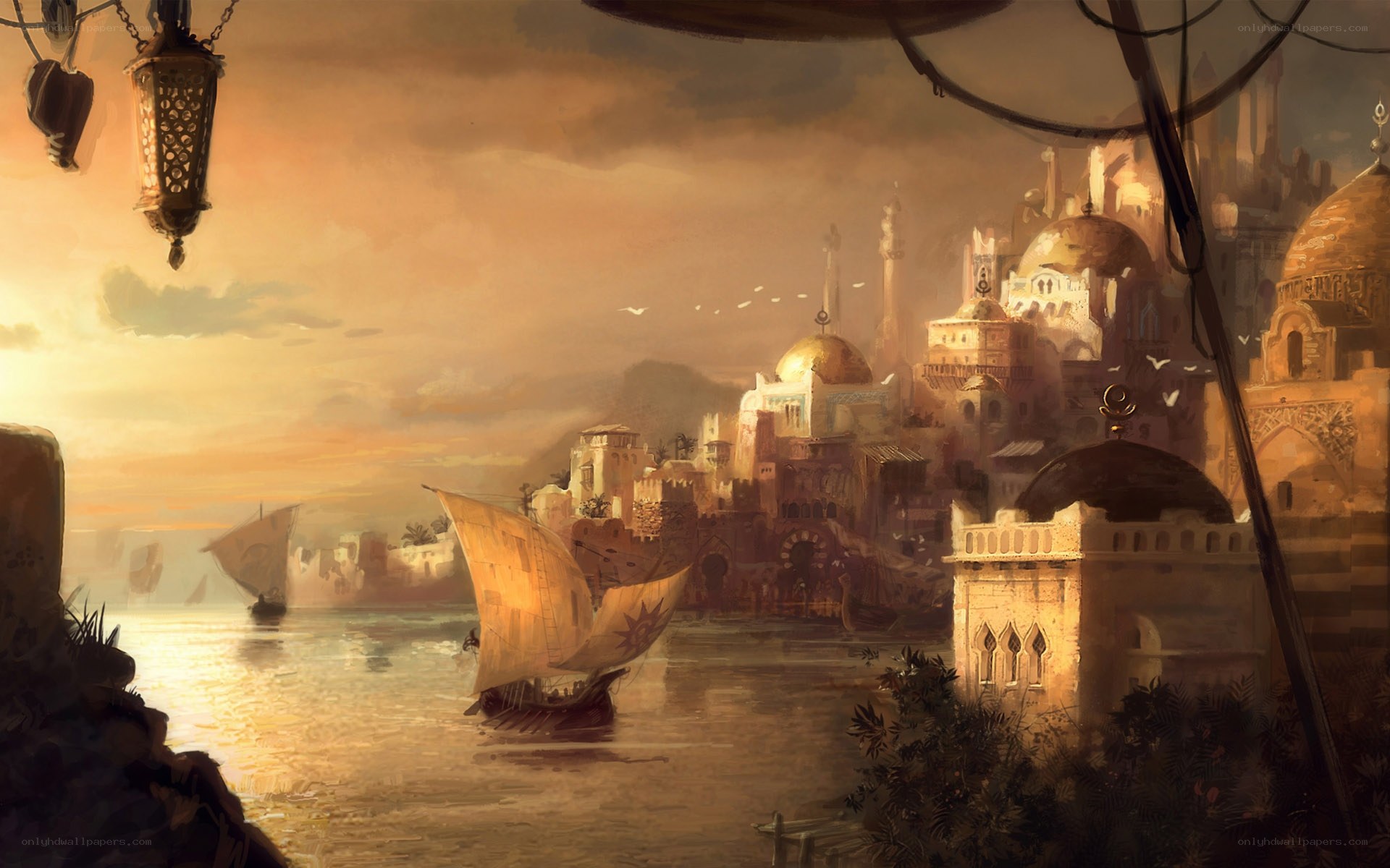 ancient port city at sunset