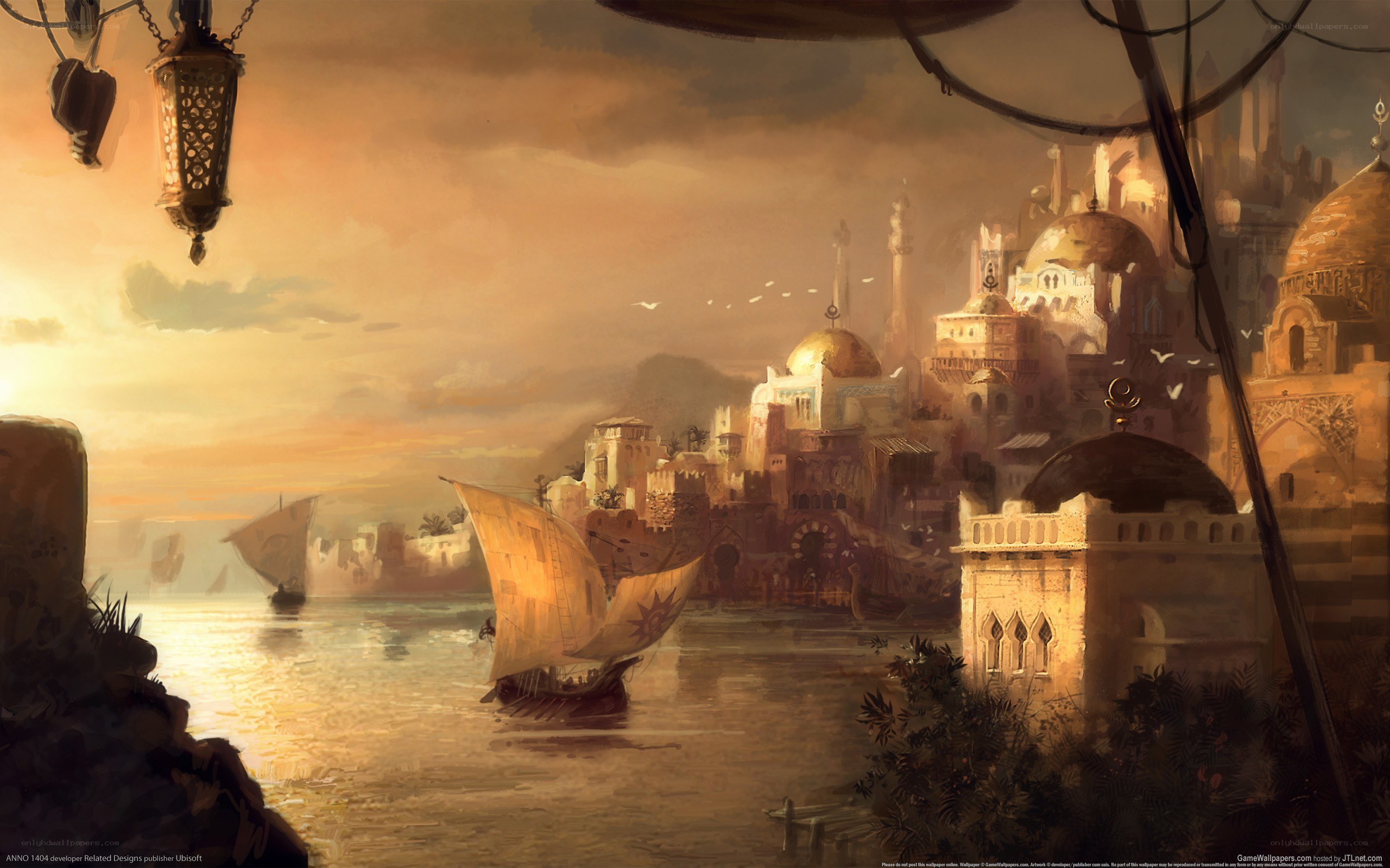 ancient port city at sunset