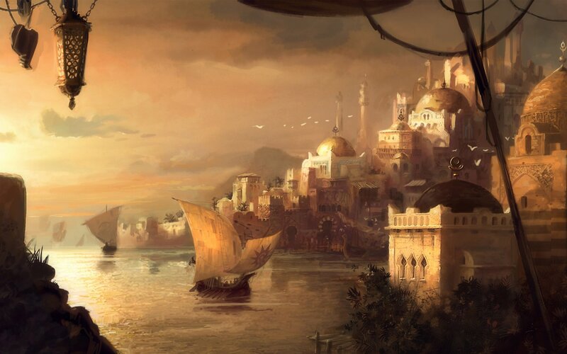 ancient port city at sunset
