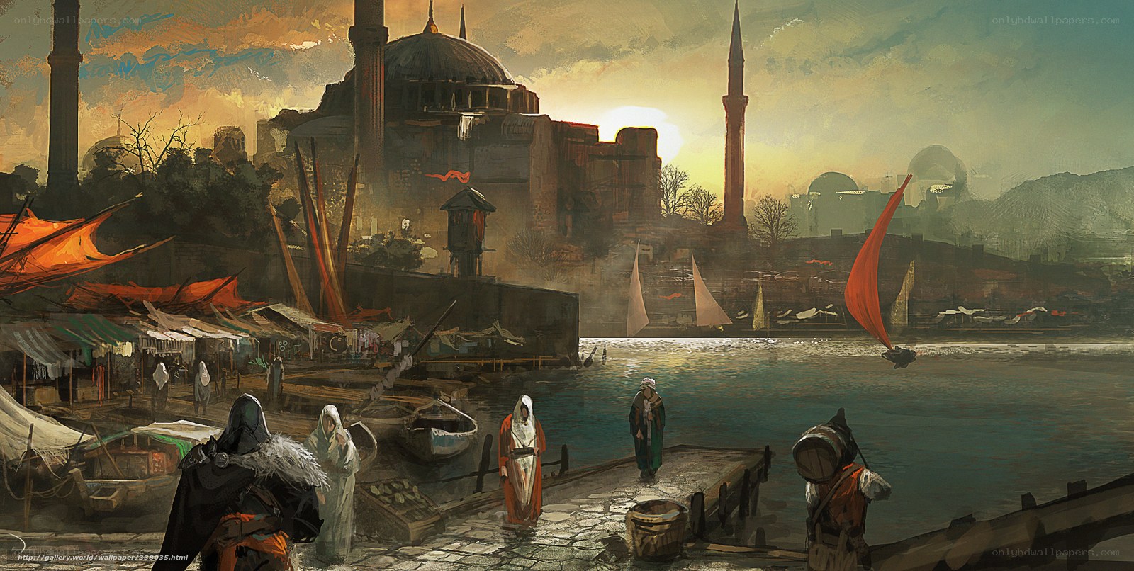 ancient port city at sunset