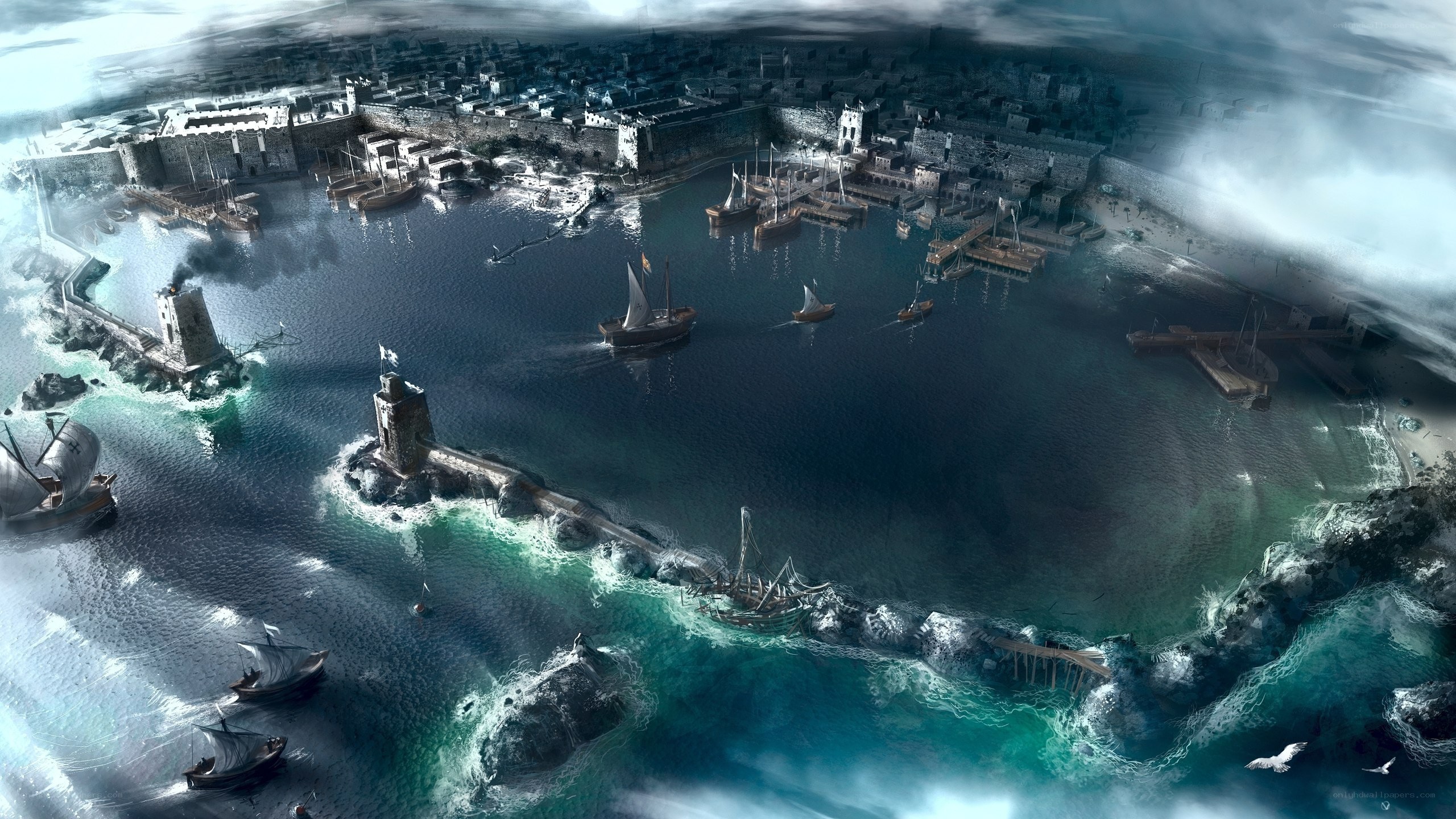 ancient port city under storm