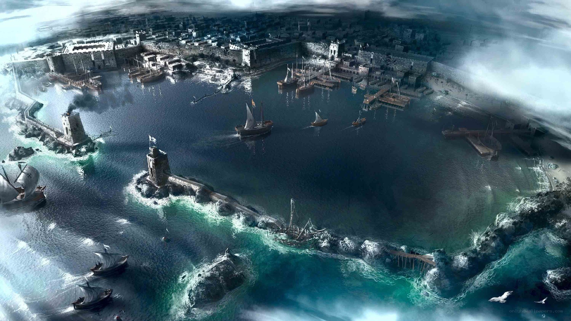 ancient port city under storm