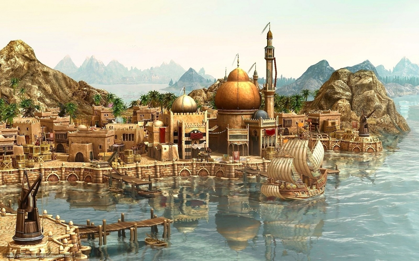ancient port city with mosque