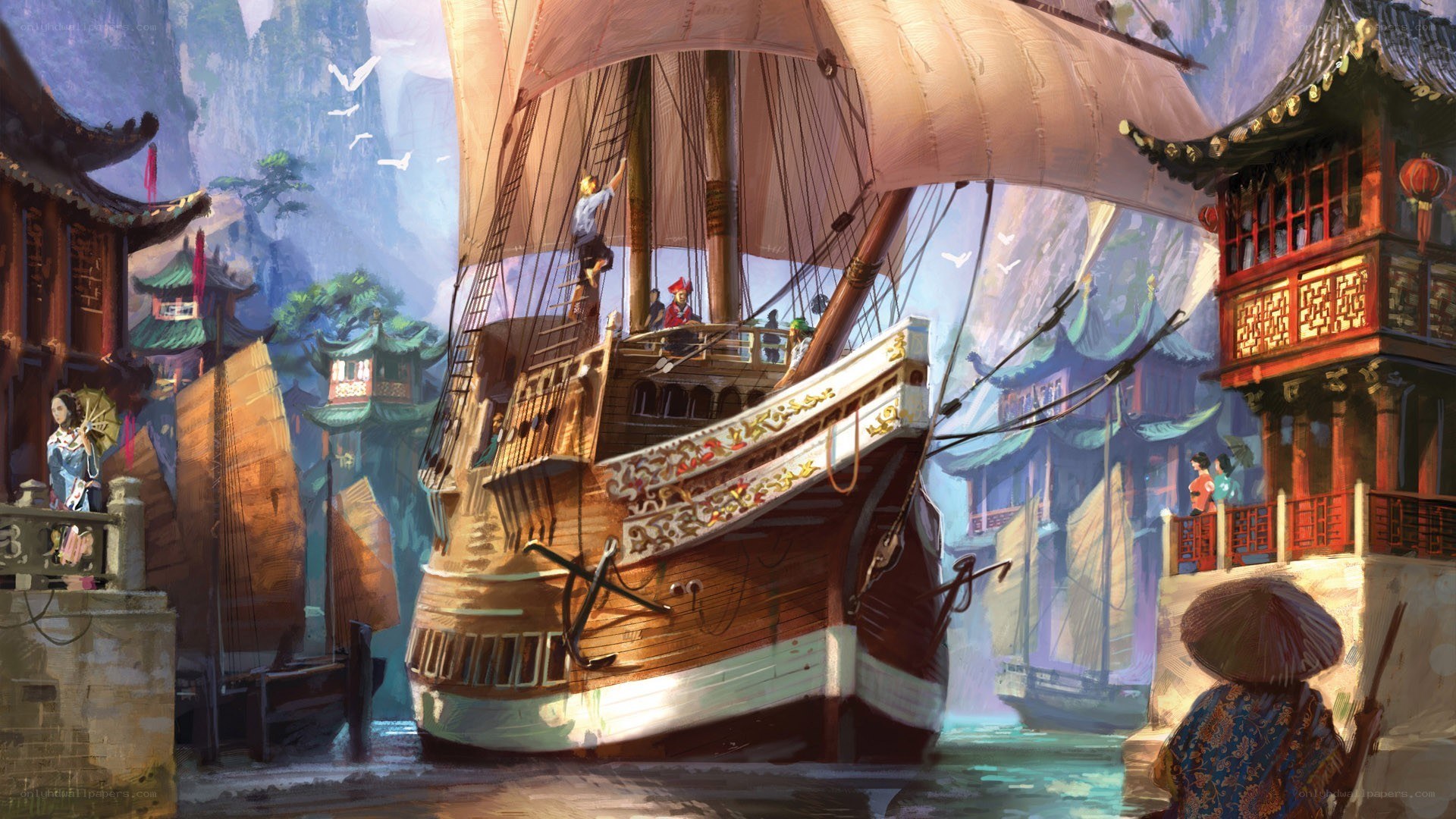 Ancient port with sailing ship
