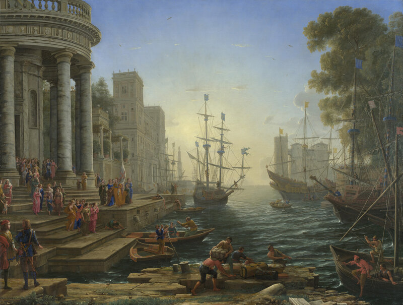 Ancient port with ships and colonnade