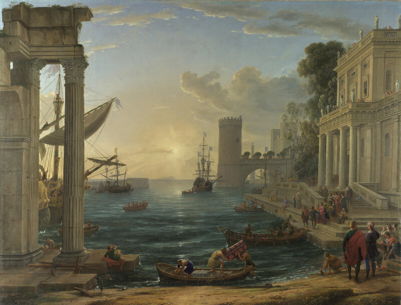 Ancient port with ships and ruins