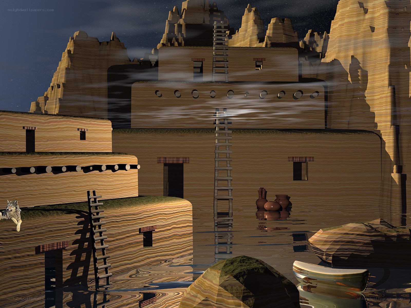 ancient pueblo at night
