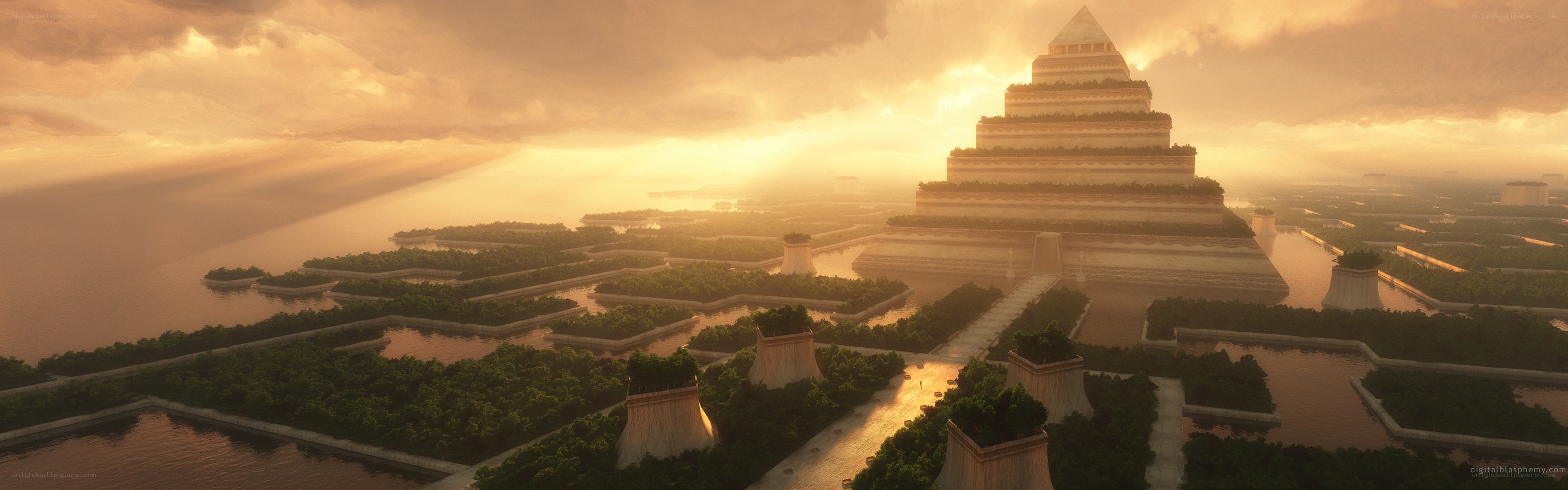 ancient pyramid city at sunset