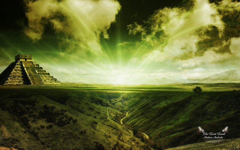 Ancient pyramid under green sky