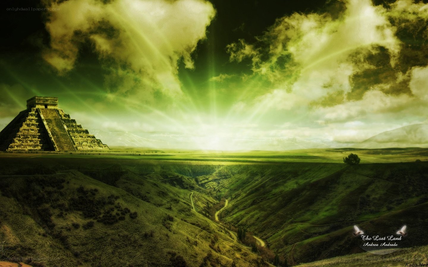 Ancient pyramid under green sky