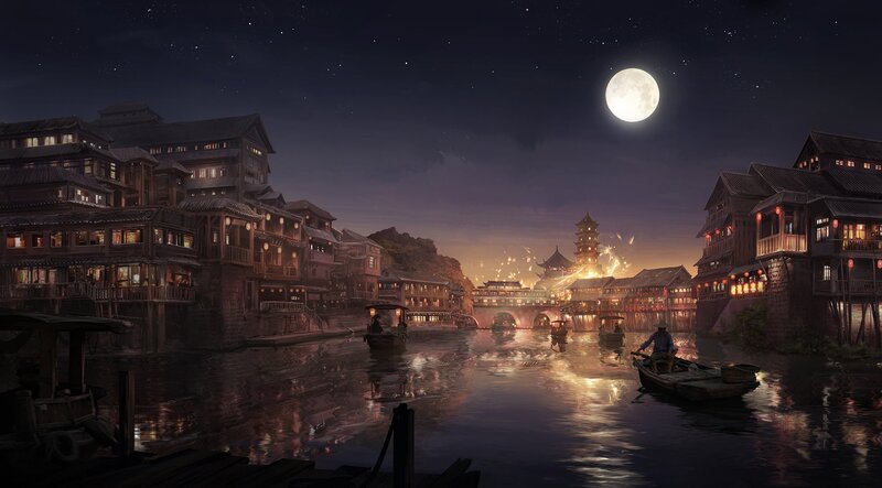 Ancient River Town — Dark Blue