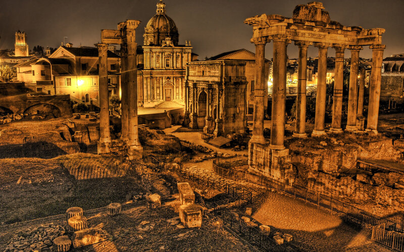Ancient Roman ruins at night
