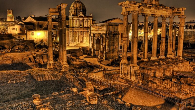 Ancient Roman Ruins — Brown, Dramatic, Night, Photograph, Columns, Buildings, Orange