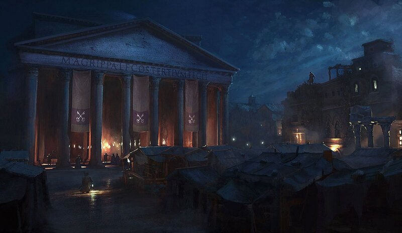 ancient roman temple at night