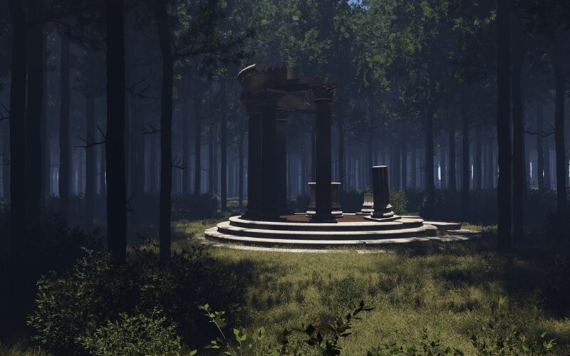 ancient ruin in forest clearing