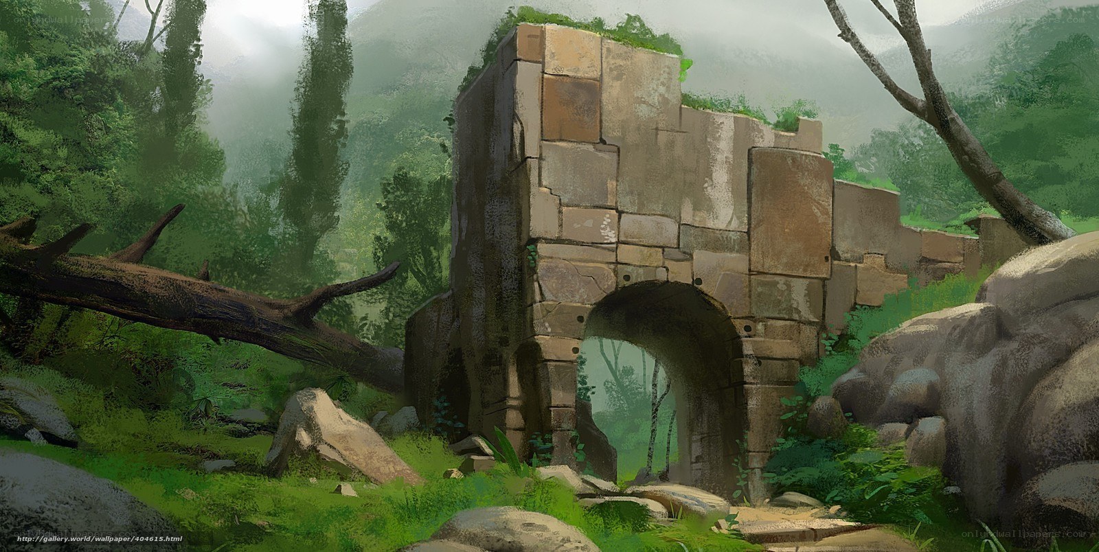 Ancient ruin in misty forest