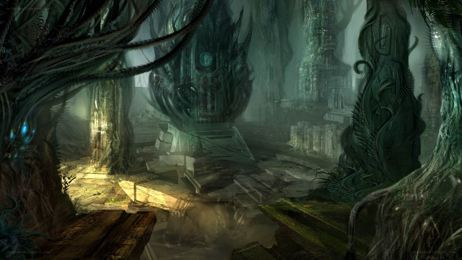 ancient ruin overgrown with vines