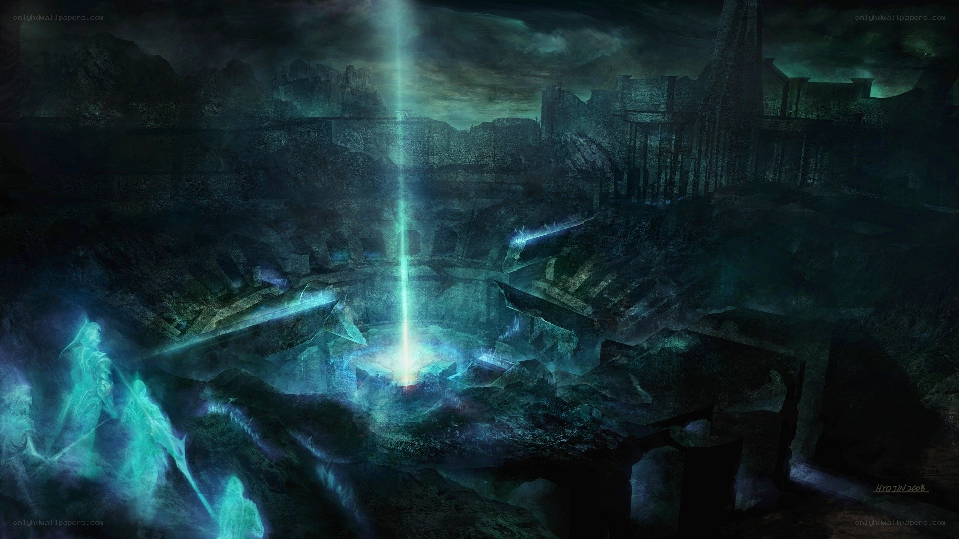 ancient ruin with glowing beam