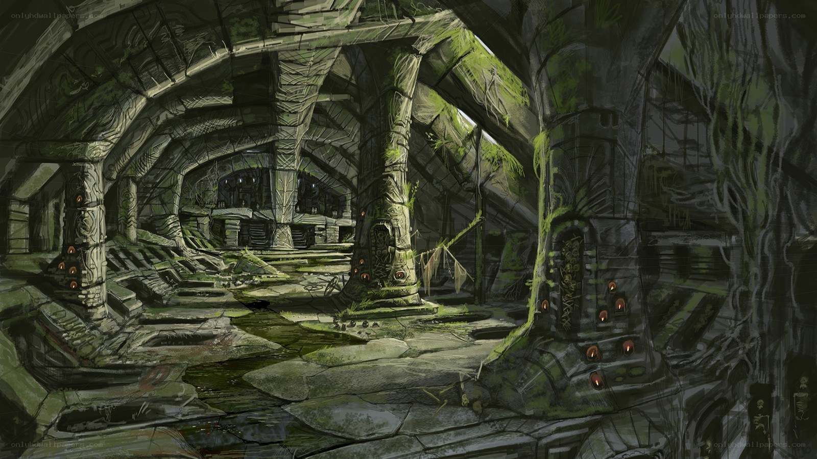 ancient ruin with glowing lights