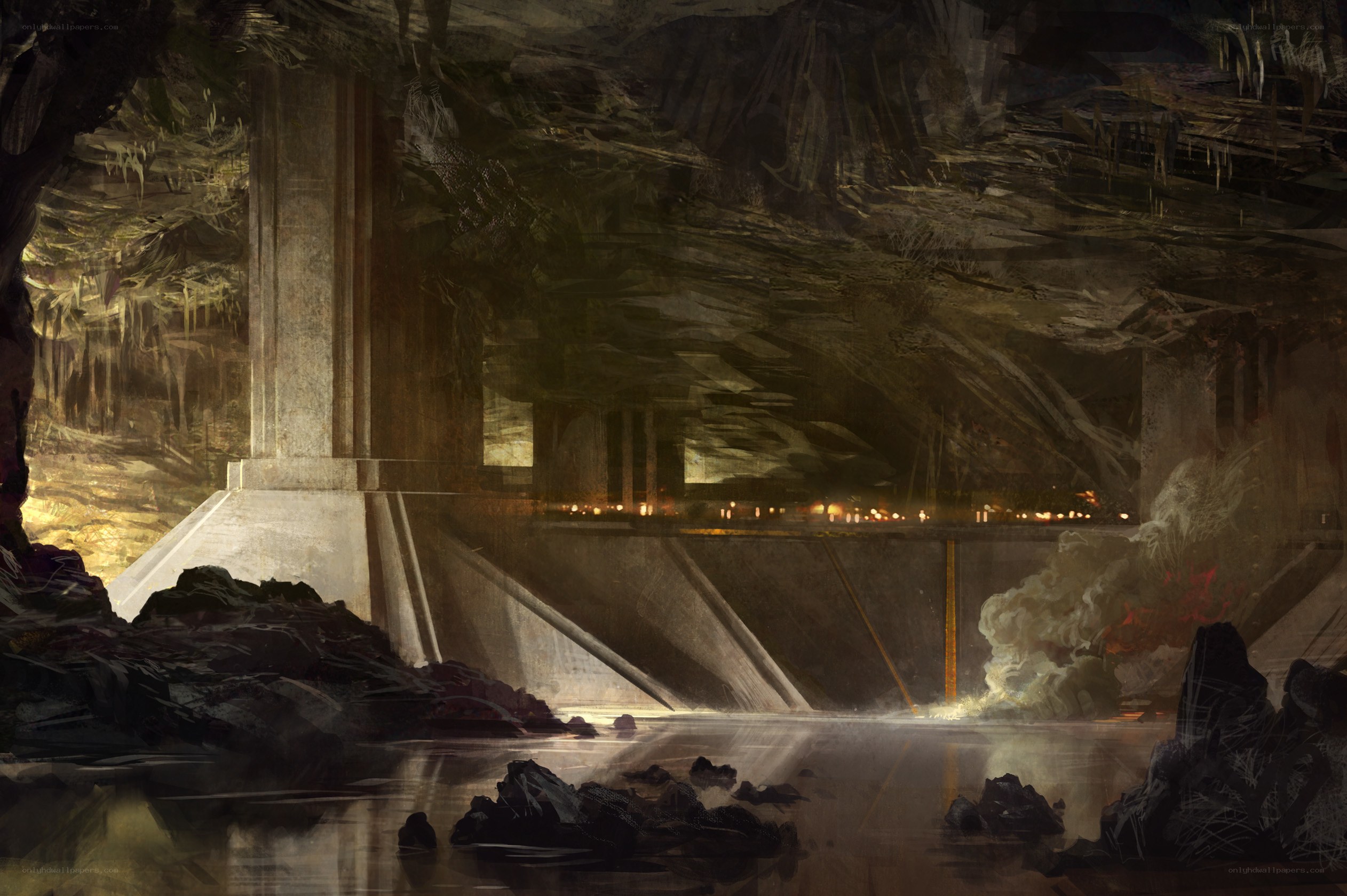 ancient ruin with glowing lights