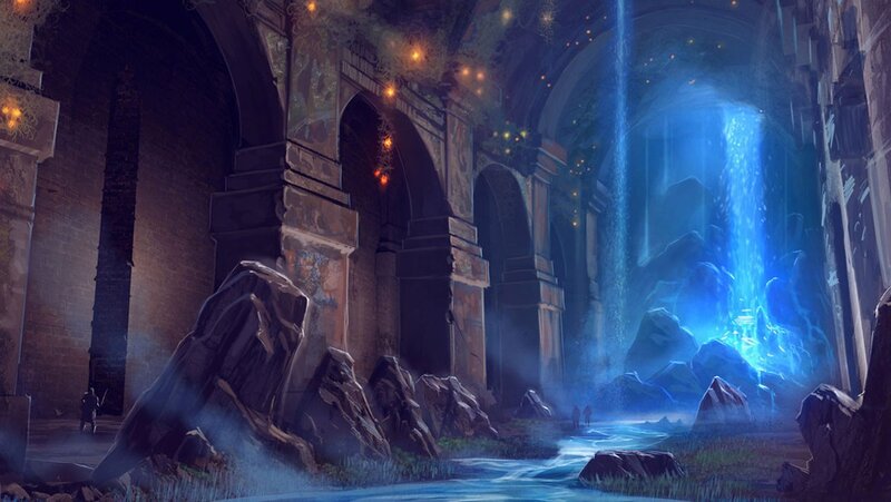 ancient ruin with glowing waterfall
