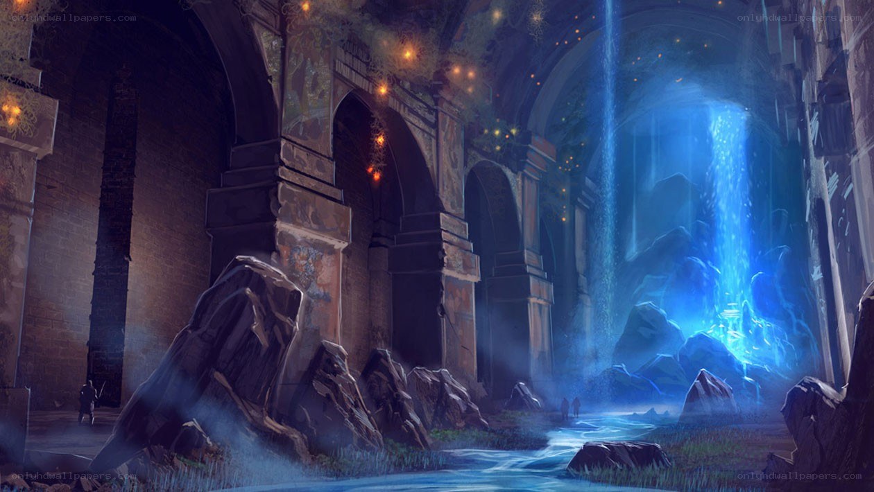 ancient ruin with glowing waterfall