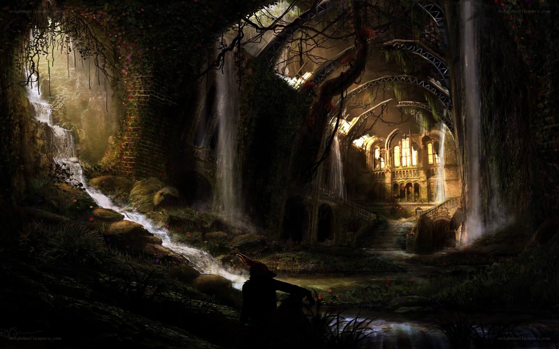 ancient ruin with waterfall