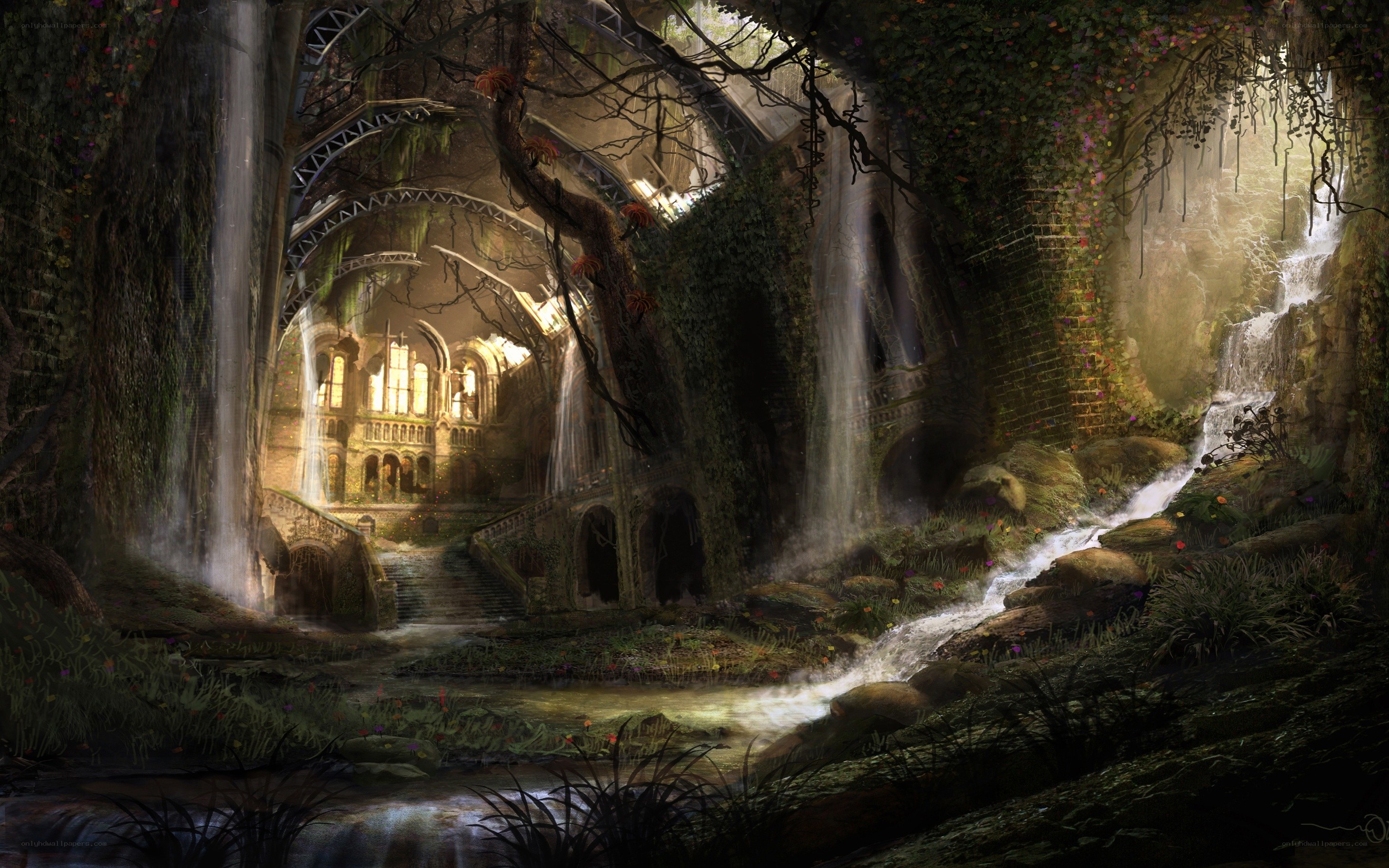 ancient ruin with waterfall
