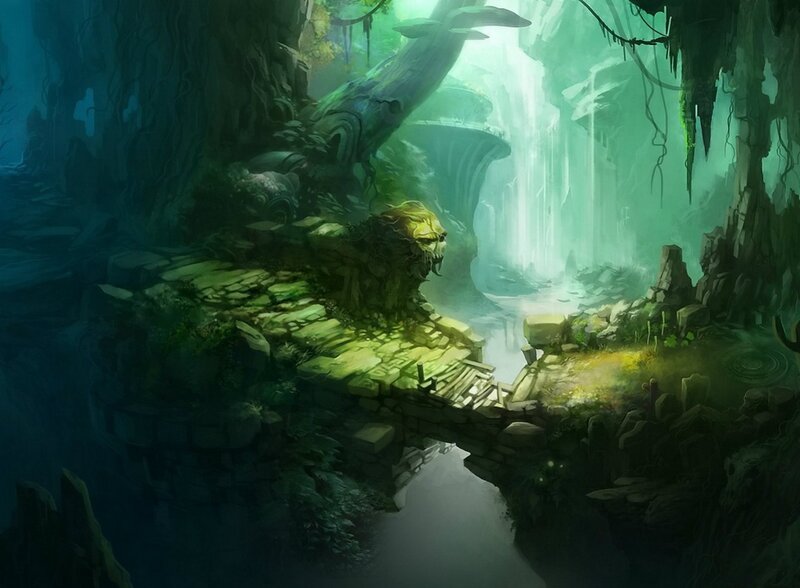 ancient ruin with waterfall