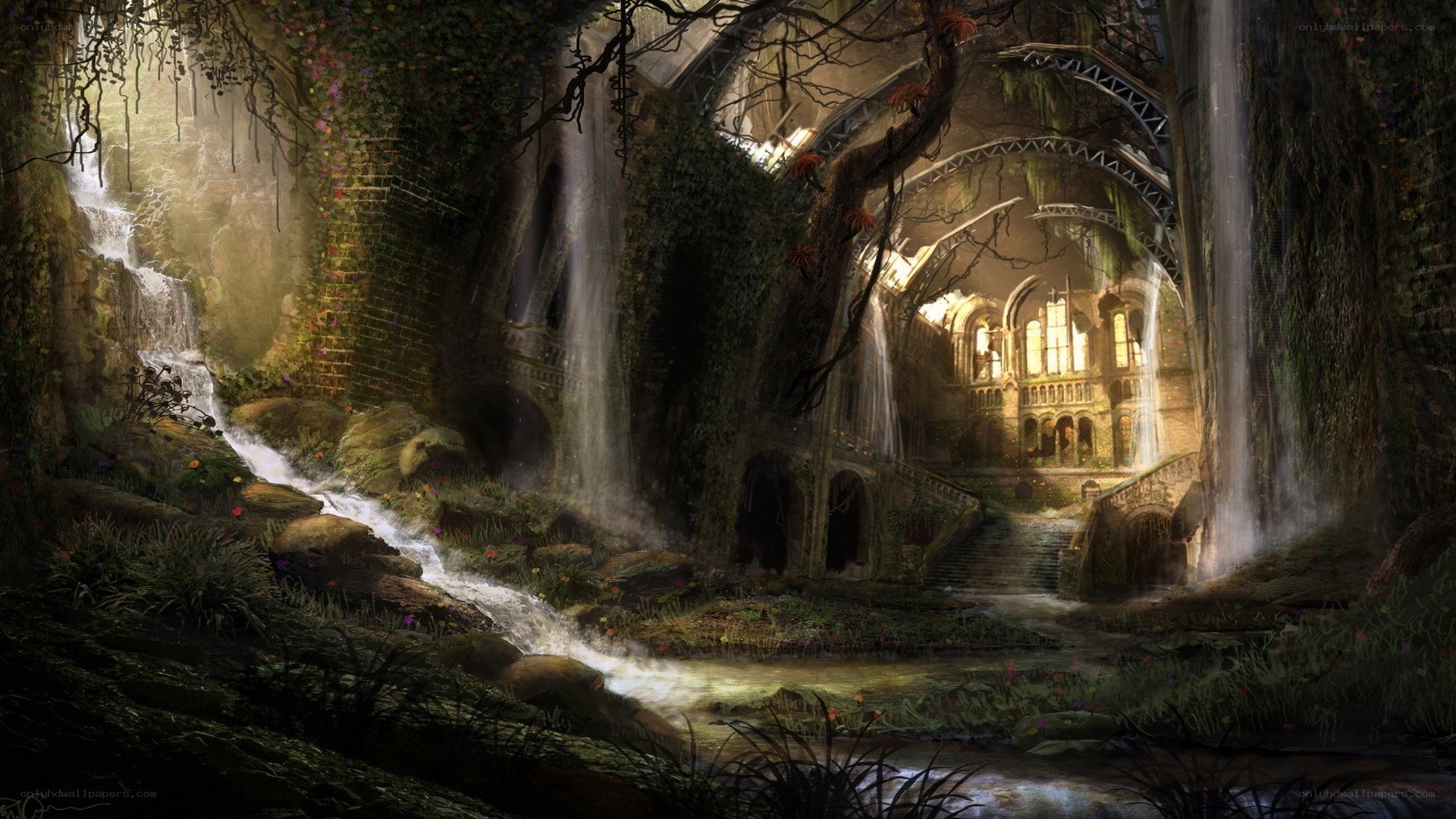 ancient ruin with waterfall