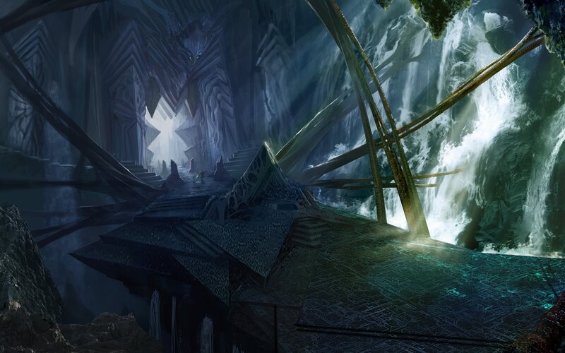 Ancient Ruin with Waterfall — Blue, Dramatic, Digital Art, Stairs, Crystal Structures