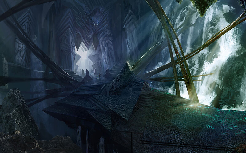 Ancient Ruin with Waterfall — Blue, Dramatic, Digital Art, Stairs