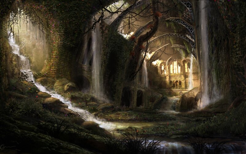Ancient Ruin with Waterfall — Green, Mysterious