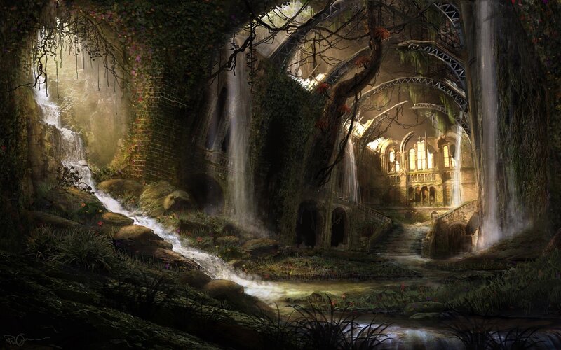 Ancient Ruin with Waterfall — Green, Serene, Digital Art