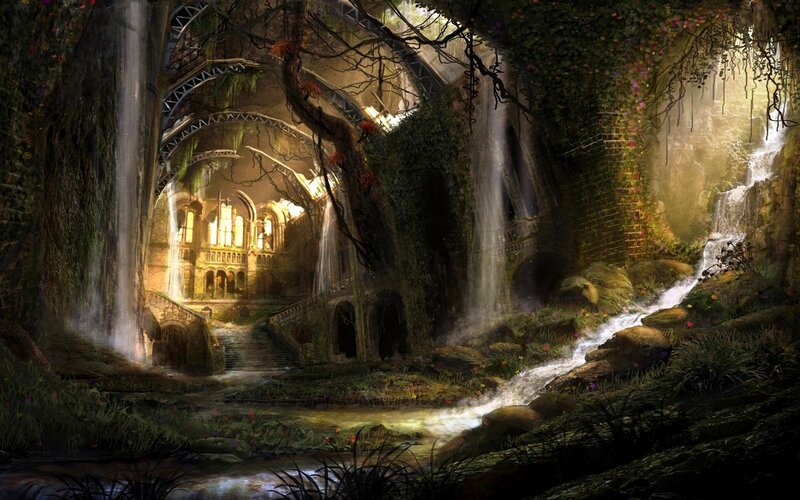 Ancient Ruin with Waterfall — Green, Serene