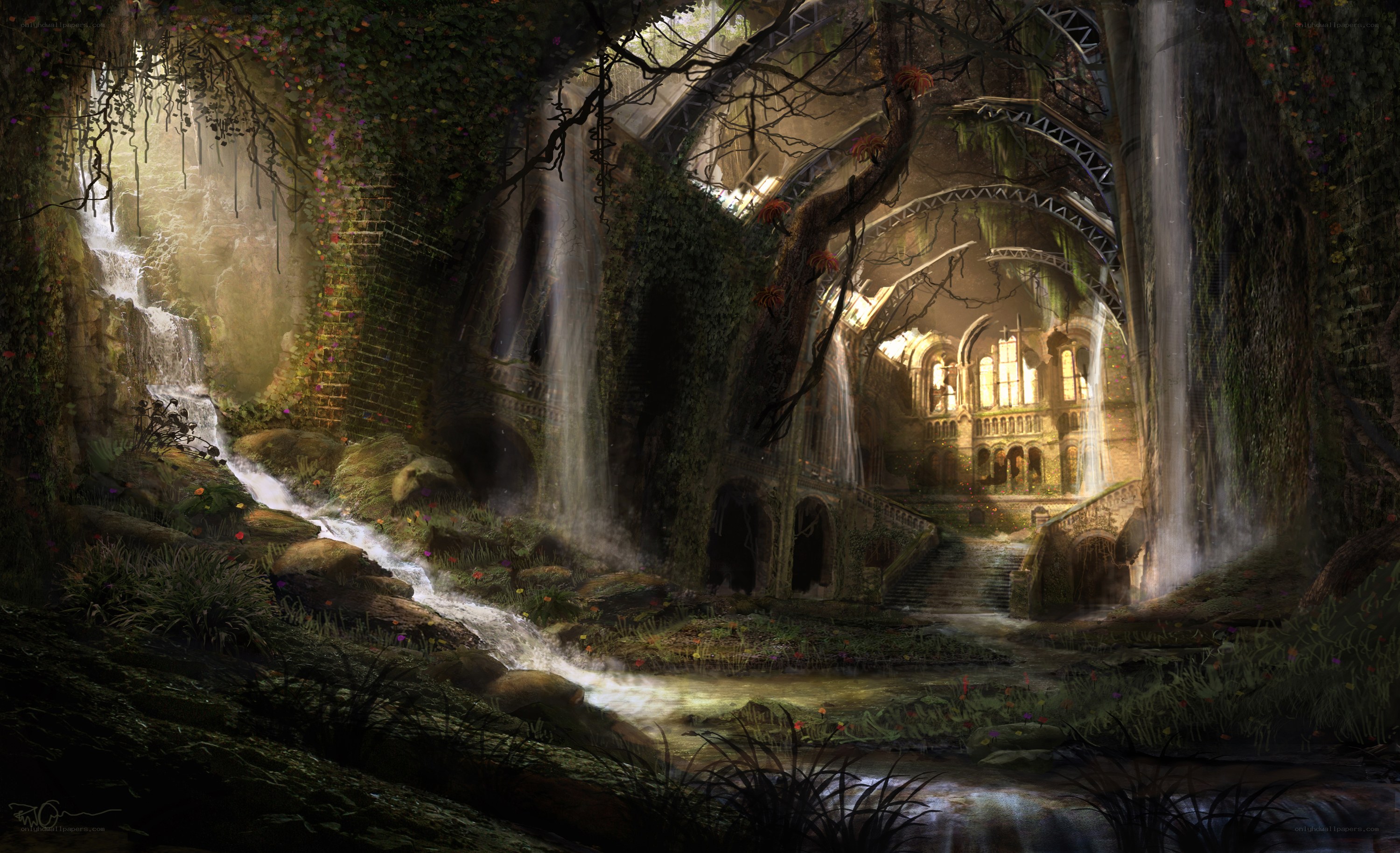 ancient ruin with waterfall