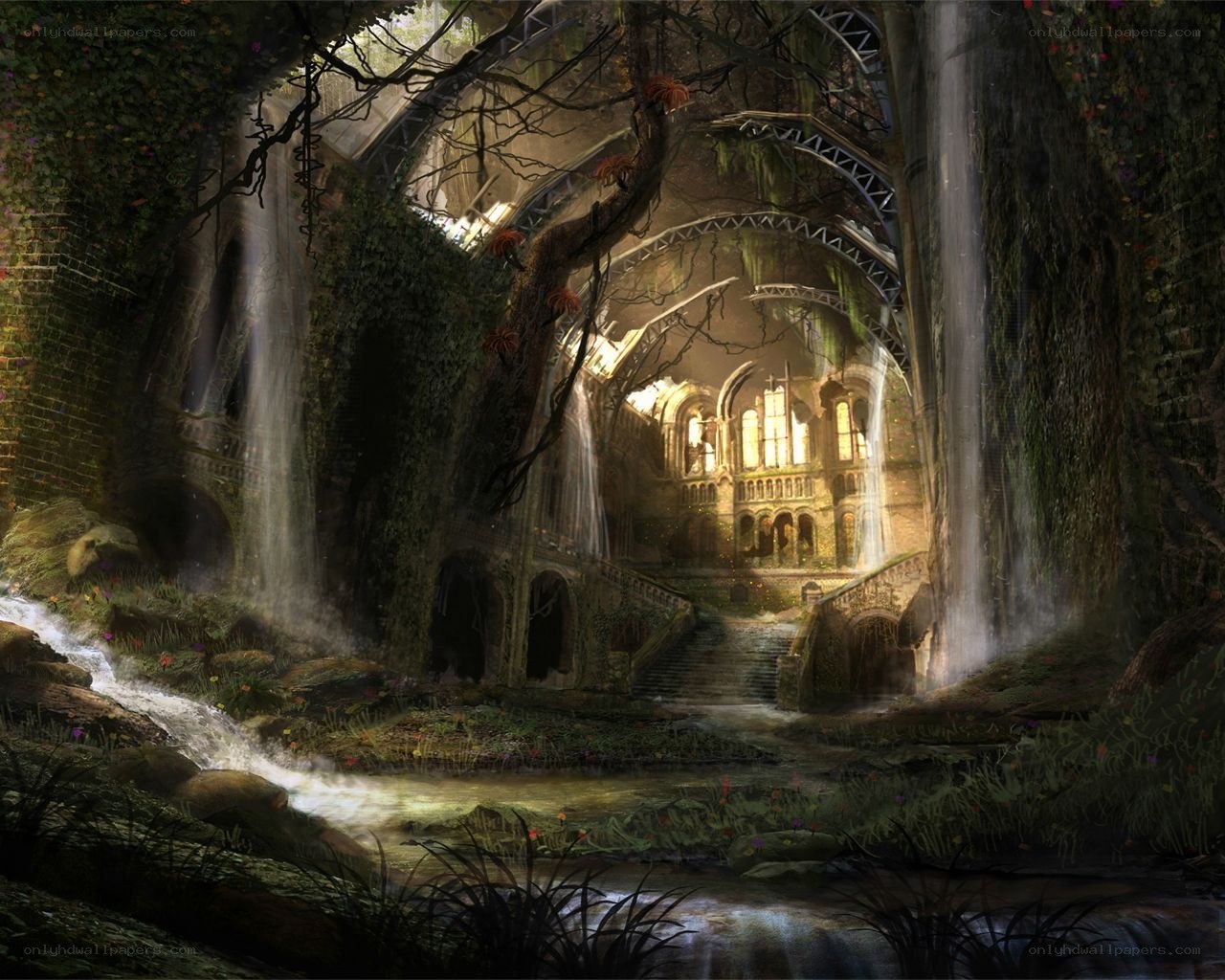 ancient ruin with waterfalls