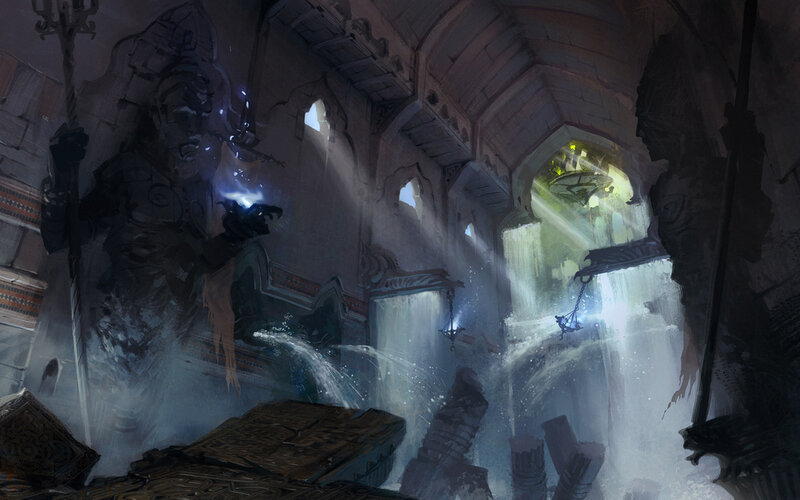 Ancient Ruin with Waterfalls — Gray