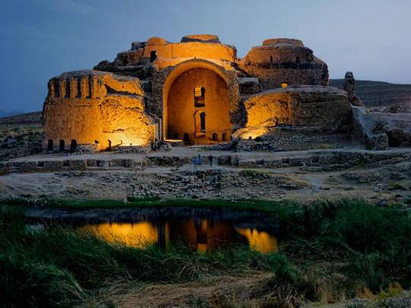 ancient ruins at dusk
