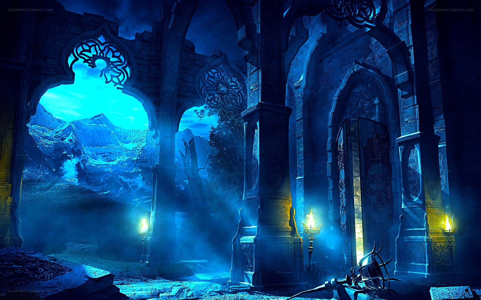 ancient ruins at night