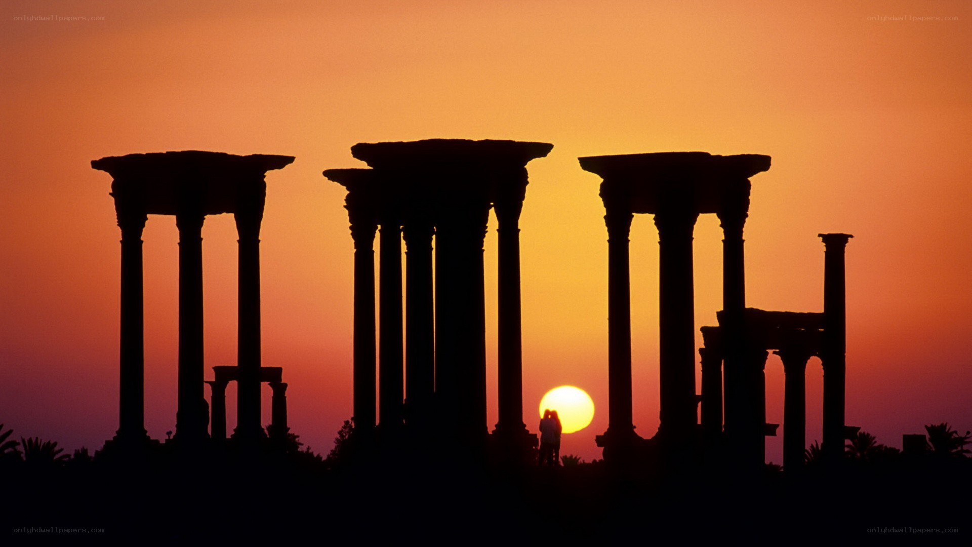 ancient ruins at sunset